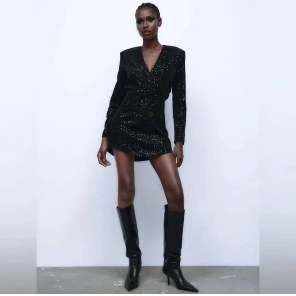 Zara Black Sequin V-Neck Mini Dress - Picture 7 of 8